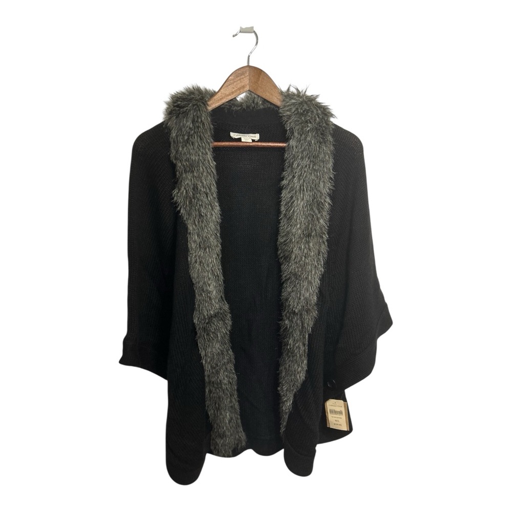 Coldwater Creek Faux Fur Trim Knit Poncho Wrap Black Gray NWT M/L Cozy